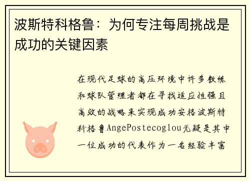 波斯特科格鲁:为何专注每周挑战是成功的关键因素 波斯特科格鲁:为何专注每周挑战是成功的关键因素